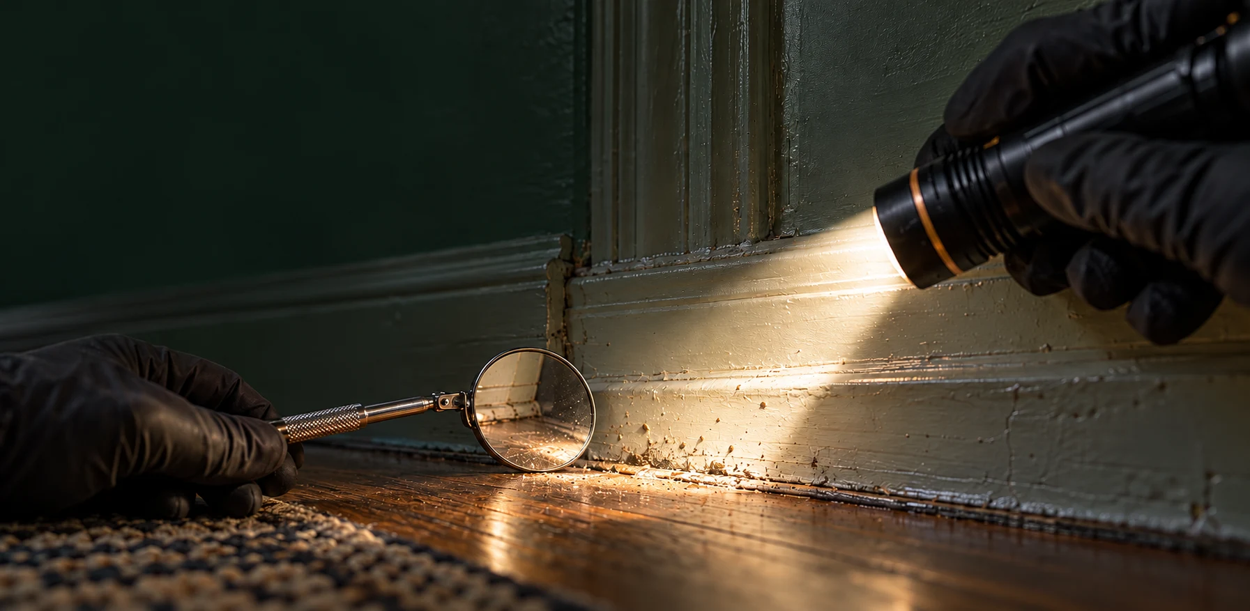 Two gloved hands inspect a painted threshold with a light and mirror